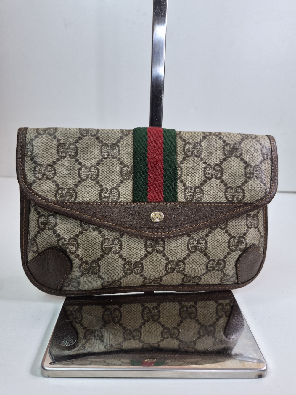 Gucci Brown Monogram Canvas Shoulder Bag with Green-Red Web Stripe